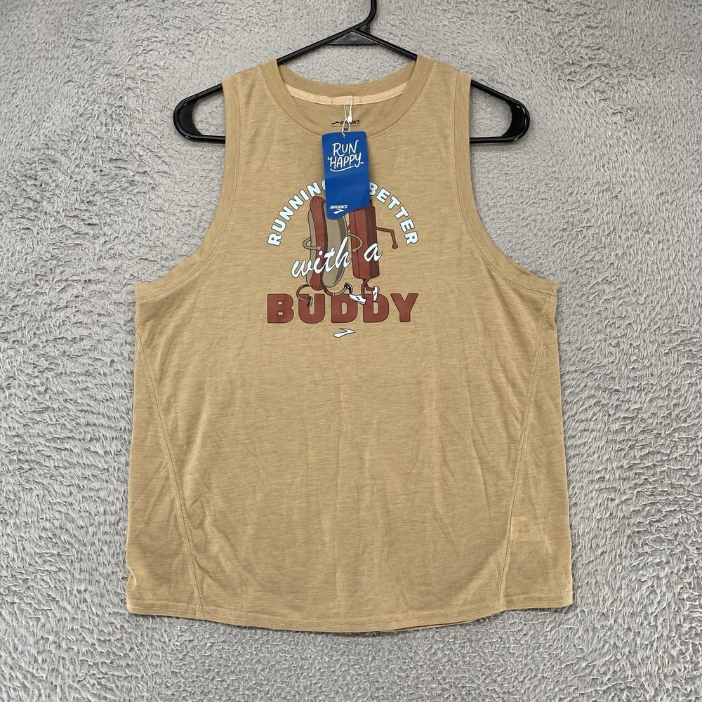 Brooks Hot Dog Tank Top Womens Medium Beige Running Buddy Funny Workout - Picture 1 of 15